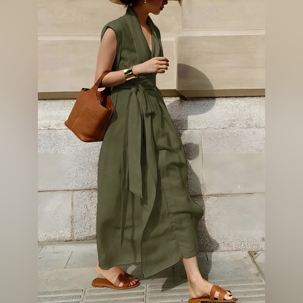 COMMENSE Cotton‎ & Linen Belted Sleeveless Open Front Long Dress - Picture 3 of 17